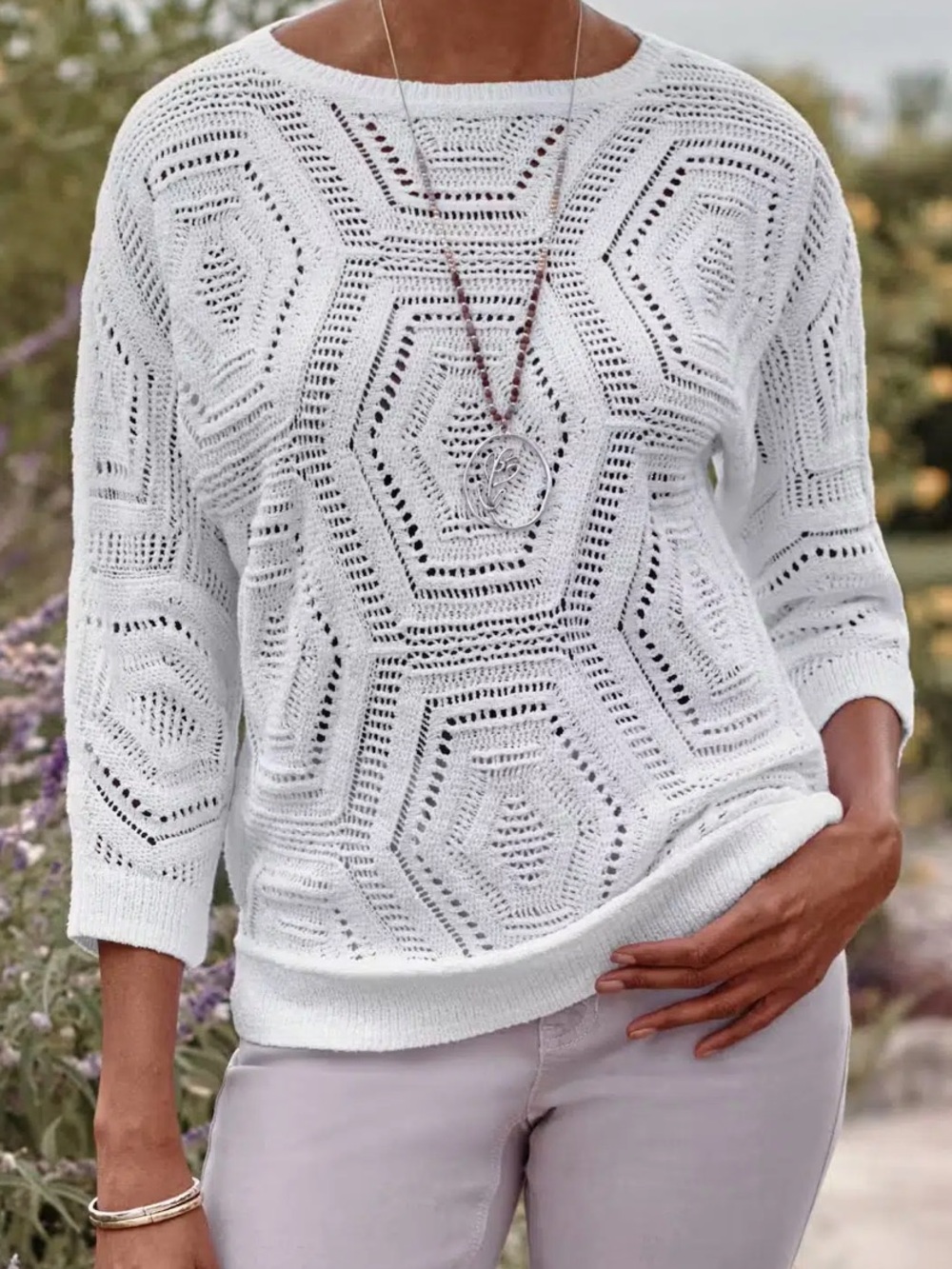 J. Jill White Crochet Open-Knit Crewneck Windsor Sweater Relaxed Oversized Large